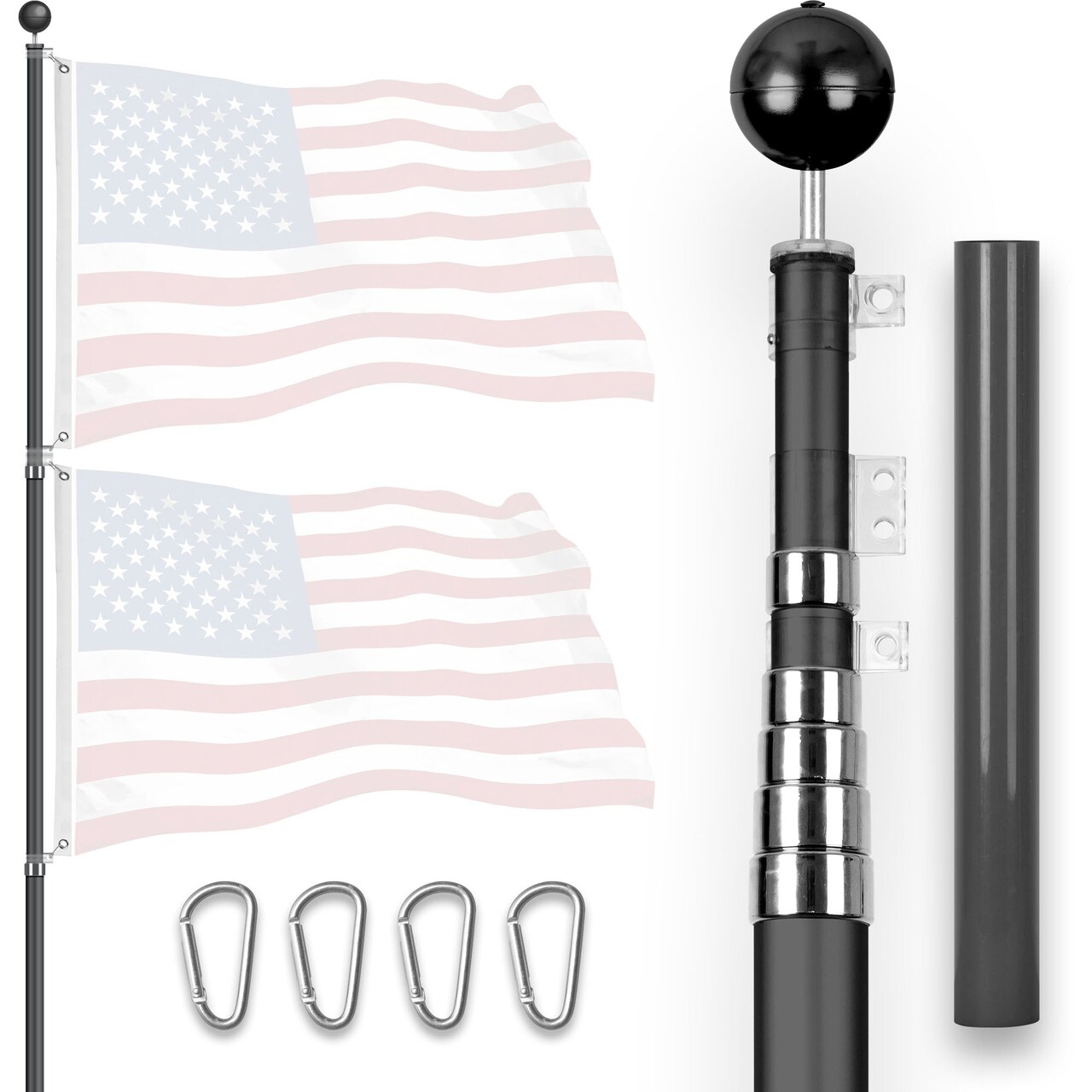 G128 20Ft Telescoping Aluminum Black Flagpole | In Ground Heavy Duty Telescopic Flag Pole for Commercial/Residential Use | Flag NOT Included